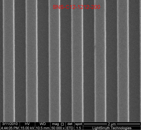 SEM Image of 855nm, 200nm Groove Depth Linear Silicon Nanostamps (Top Down)